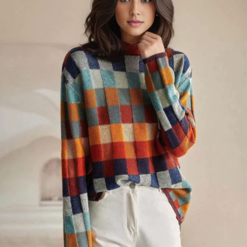 Adalynn - Colorful Patchwork Knit Turtleneck Sweater