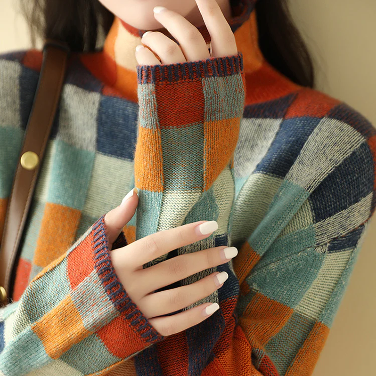 Adalynn - Colorful Patchwork Knit Turtleneck Sweater