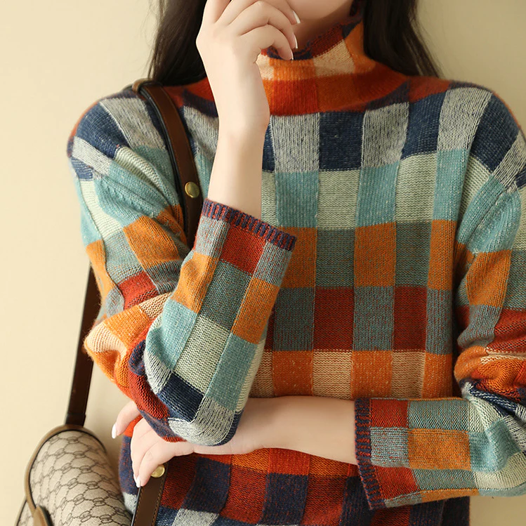 Adalynn - Colorful Patchwork Knit Turtleneck Sweater